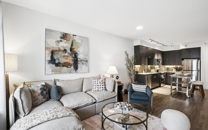 The Daley at Shady Grove Model Living Room with Couch and Chairs